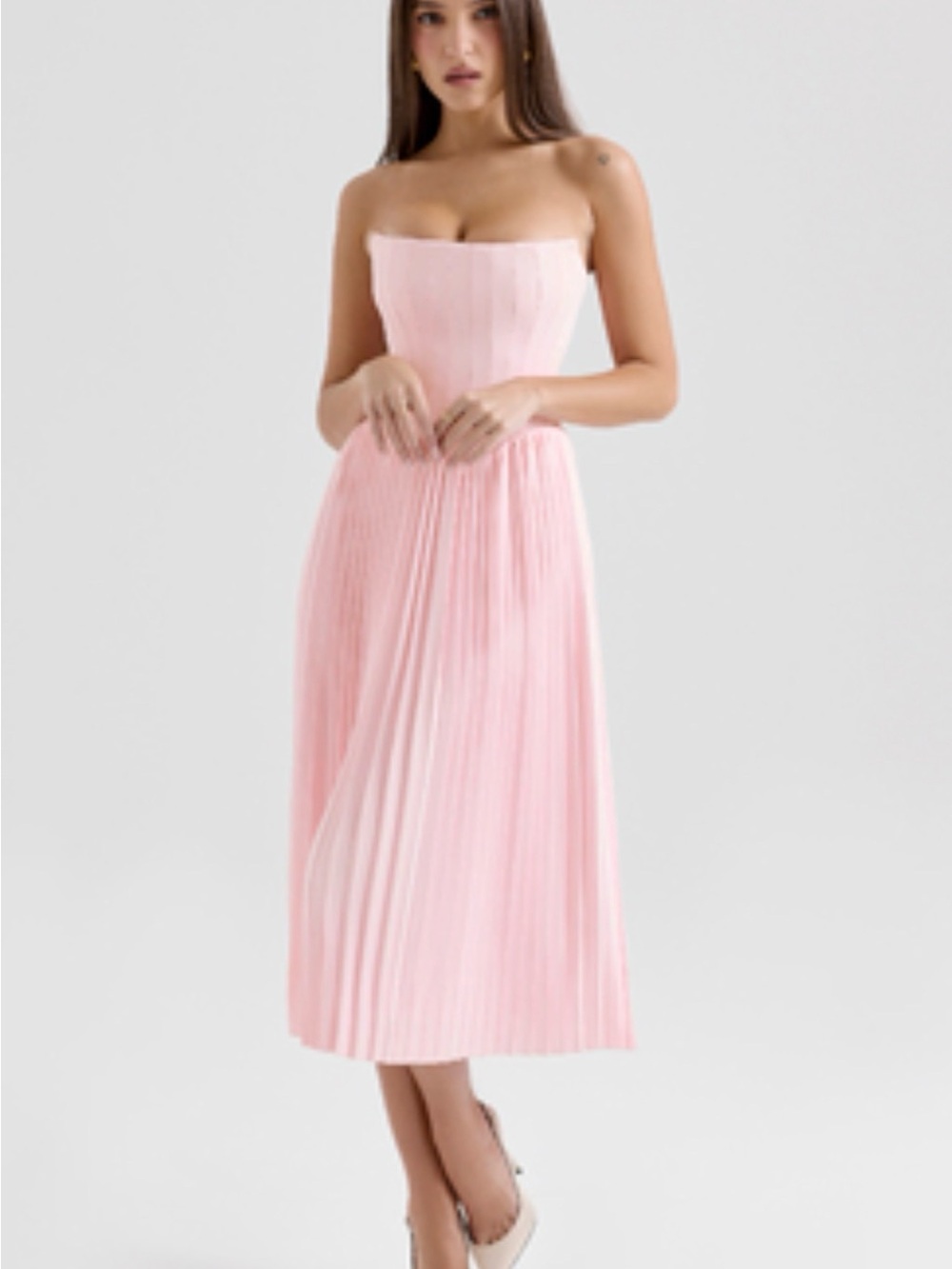 House of CB Strapless Pleated Midi Dress - Light Pink